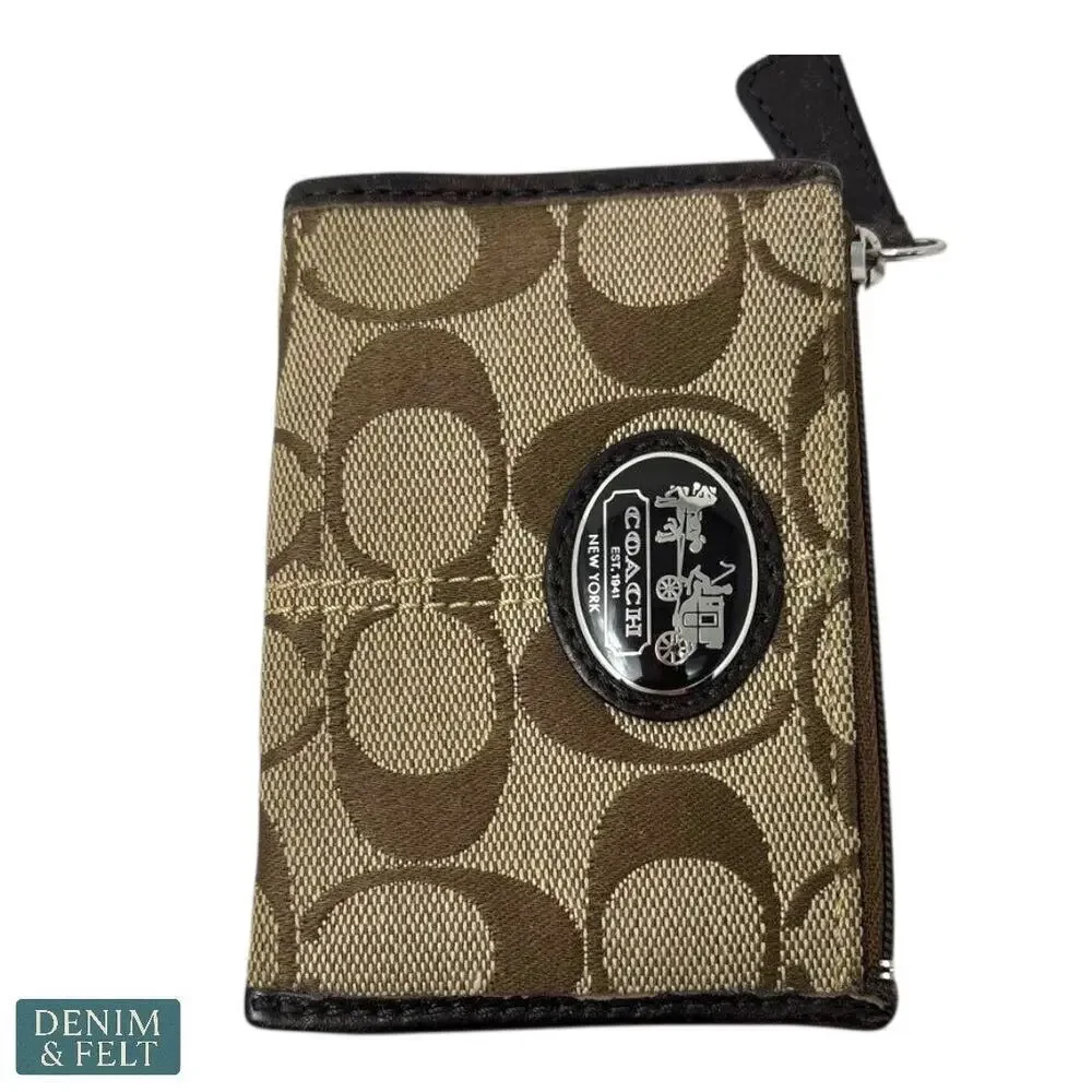 Coach‎ Signature Canvas Zip Coin Pouch with Pink Lining & Key Ring Chain